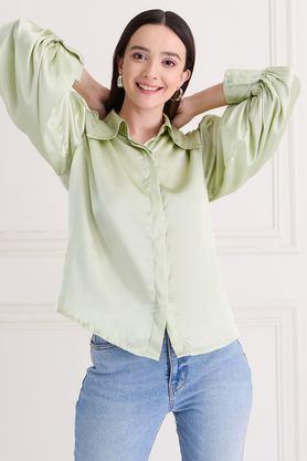 solid collared satin women's casual wear shirt - green