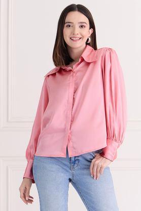 solid collared satin women's casual wear shirt - pink