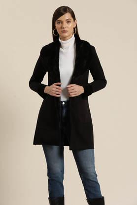 solid collared wool women's festive wear coat - black