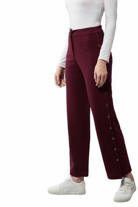 solid comfort fit polyester womens casual trousers - maroon
