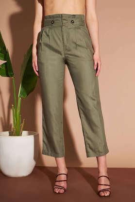 solid comfort fit rayon women's casual wear trouser - olive