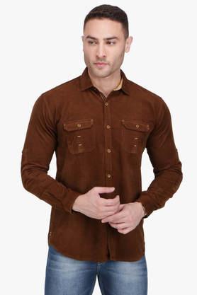 solid corduroy regular fit men's casual shirt - brown