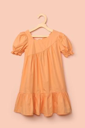 solid cotton asymmetric girl's casual wear dress - orange