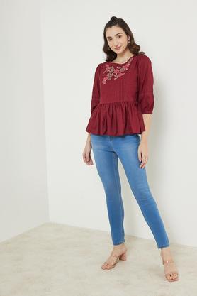 solid cotton blend boat neck women's top - maroon