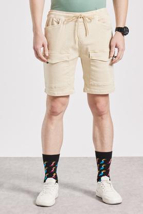 solid cotton blend elastic and drawstring men's shorts - ecru