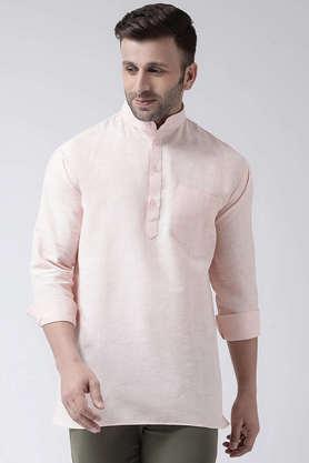 solid cotton blend full sleeves men's short kurta - peach