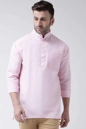 solid cotton blend full sleeves men's short kurta - pink
