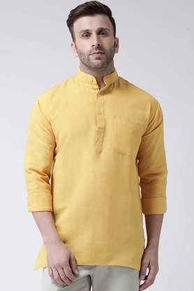 solid cotton blend full sleeves men's short kurta - yellow