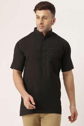 solid cotton blend half sleeves men's short kurta - black
