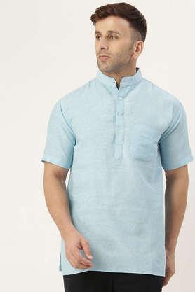 solid cotton blend half sleeves men's short kurta - blue