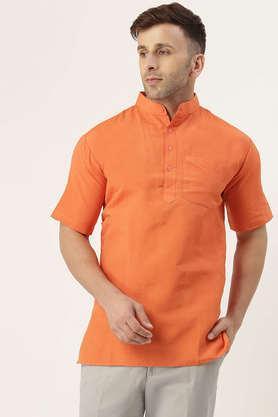 solid cotton blend half sleeves men's short kurta - orange