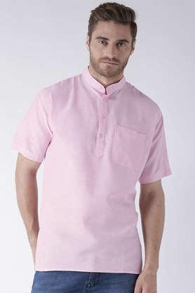 solid cotton blend half sleeves men's short kurta - pink