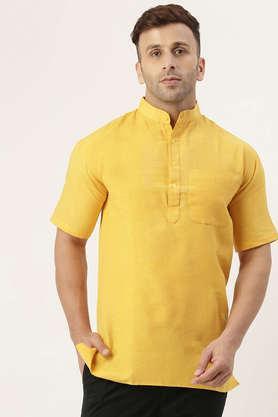 solid cotton blend half sleeves men's short kurta - yellow