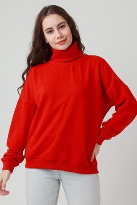 solid cotton blend high neck women's sweatshirt - red