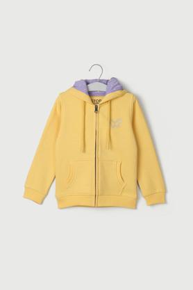 solid cotton blend hood girls sweatshirt - yellow