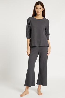 solid cotton blend knit women's top & pyjama set - grey