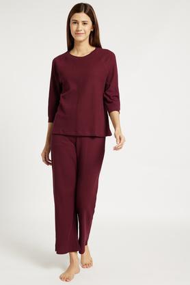 solid cotton blend knit women's top & pyjama set - maroon