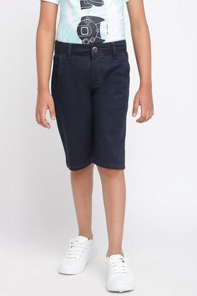solid cotton blend regular fit boys shorts - navy