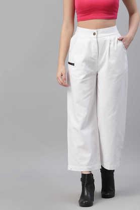 solid cotton blend regular fit women's pants - white
