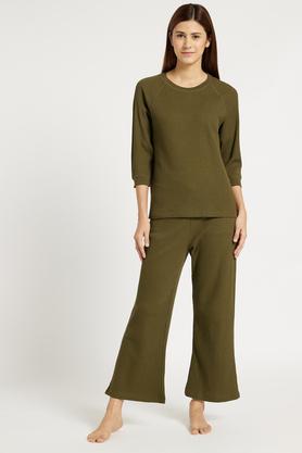 solid cotton blend regular fit women's top & pyjama set - olive