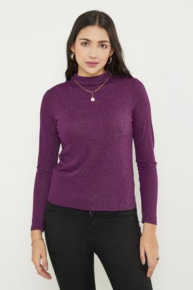 solid cotton blend regular fit women's top - purple