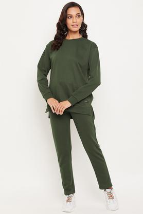solid cotton blend regular fit women's tracksuit - green