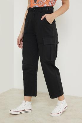 solid cotton blend relaxed fit women's pants - black