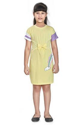 solid cotton blend round neck girls casual wear dress - yellow
