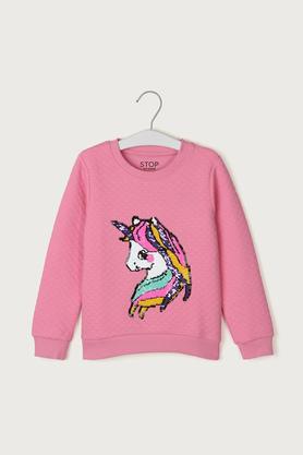 solid cotton blend round neck girls sweatshirt - pink