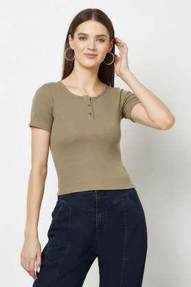 solid cotton blend round neck women's t-shirt - camel