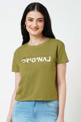 solid cotton blend round neck women's t-shirt - olive