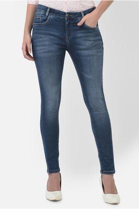 solid cotton blend skinny fit women's jeans - blue