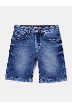 solid cotton blend slim fit boys shorts - blue