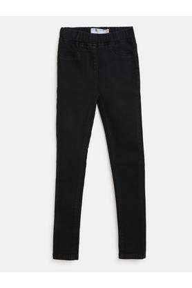 solid cotton blend slim fit girls jeans - black