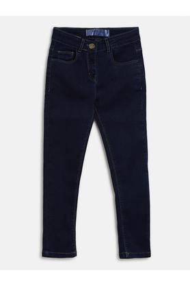 solid cotton blend slim fit girls jeans - blue
