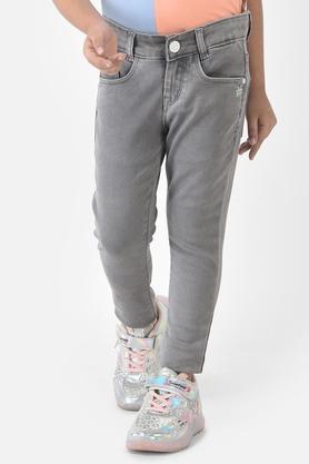 solid cotton blend slim fit girls jeans - grey