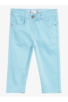 solid cotton blend slim fit girls pants - blue