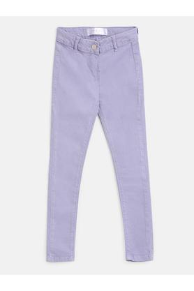 solid cotton blend slim fit girls trousers - purple