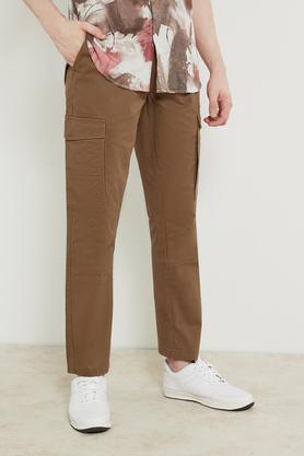 solid cotton blend slim fit men's joggers - khaki