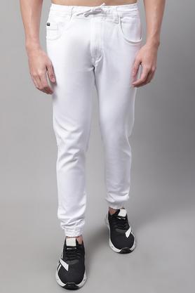 solid cotton blend slim fit men's joggers - white