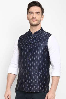 solid cotton blend slim fit men's nehru jacket - navy