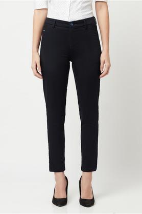 solid cotton blend slim fit women's casual pants - navy