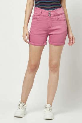 solid cotton blend slim fit women's shorts - pink