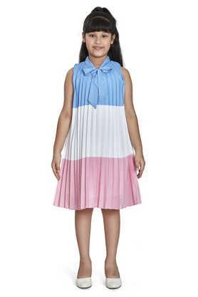 solid cotton blend tie up neck girls party wear dress - multi