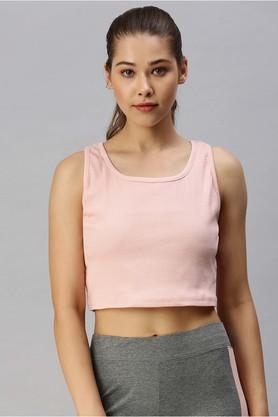 solid cotton boat neck womens crop top - peach