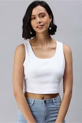 solid cotton boat neck womens crop top - white