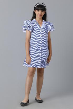 solid cotton collar neck girl's dress - blue