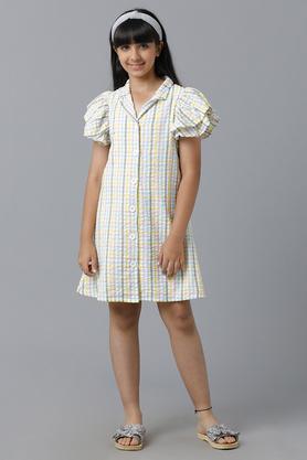 solid cotton collar neck girl's dress - yellow