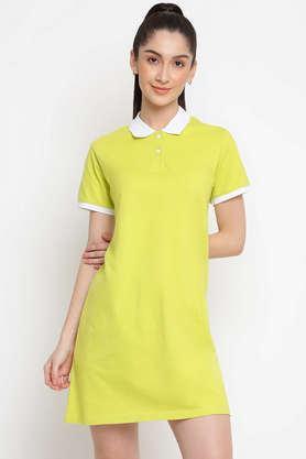solid cotton collar neck women's mini dress - green