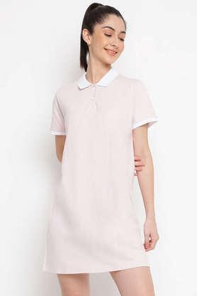 solid cotton collar neck women's mini dress - pink